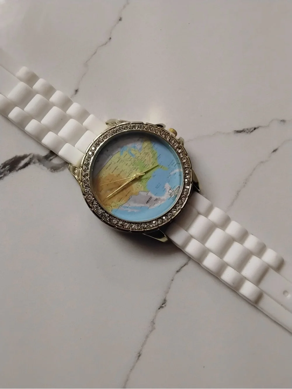 Crystal-Bezel World Map Watch with White Silicone Band